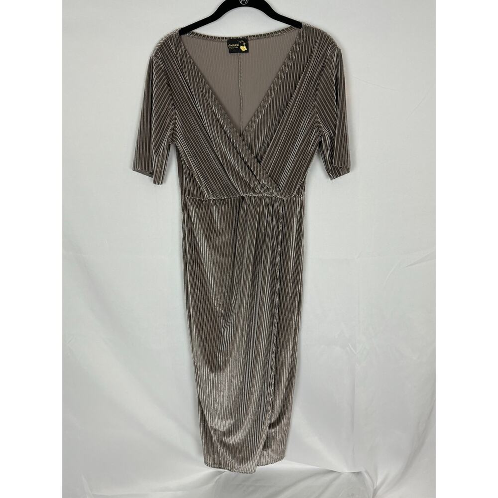 Kookai by Sumida Taupe Metallic Striped Wrap Midi Dress, Silver Hue, Bodycon